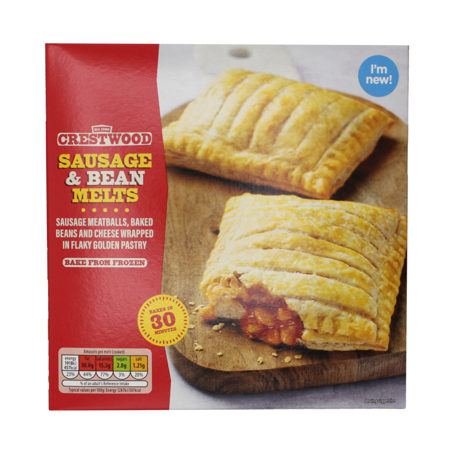 Baked pastry pocket filled with sausage, baked beans and cheese.