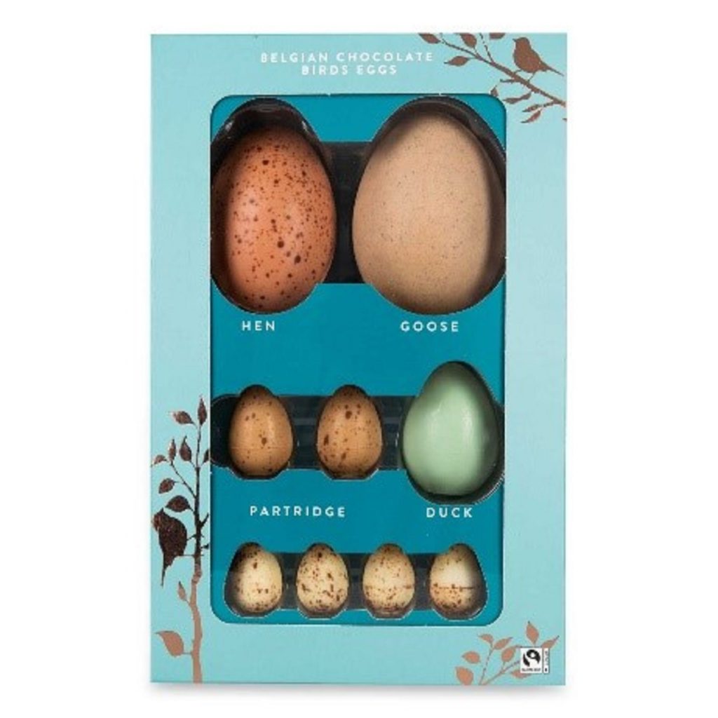 Box of Belgian chocolate Easter eggs resembling various birds eggs such as hen, goose, partridge and duck 