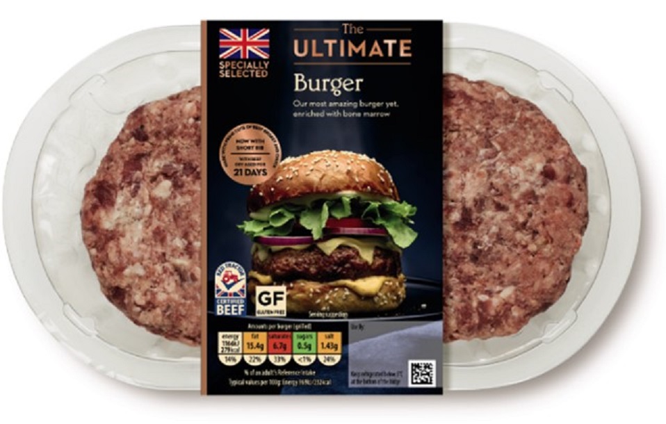 Image of uncooked burgers in product packaging