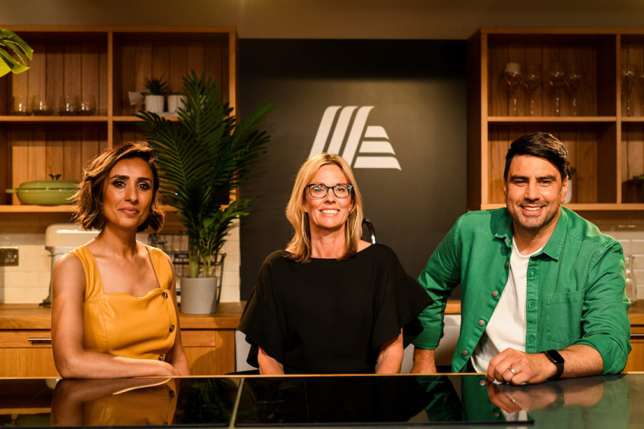 Pictured: Presenter Anita Rani with Chris Bavin and Aldi managing director of buying Julie Ashfield during filming at Aldi’s HQ, for a new series called ‘Grow With Aldi’ which will run weekly on Channel 4 from w/ 10th October 2022.