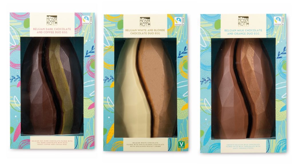 Box shots of Aldi's Duo Eggs in their three different flavours. From left to right: Dark chocolate and coffee, white chocolate and caramelised biscuit and milk chocolate and orange.