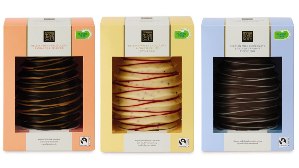 Product shot of Aldi's Ripple Eggs, From left to right: Dark chocolate and orange,  white chocolate and forest fruits and milk chocolate and salted caramel.