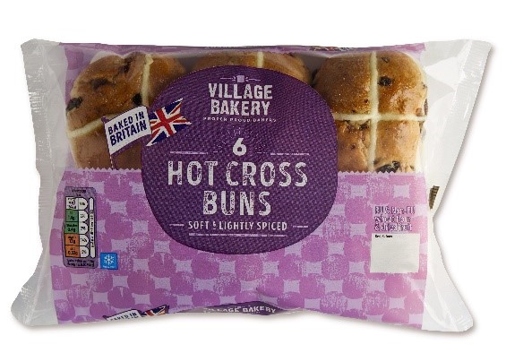 Packet shot of Aldi's Village Bakery 6 Hot Cross Buns