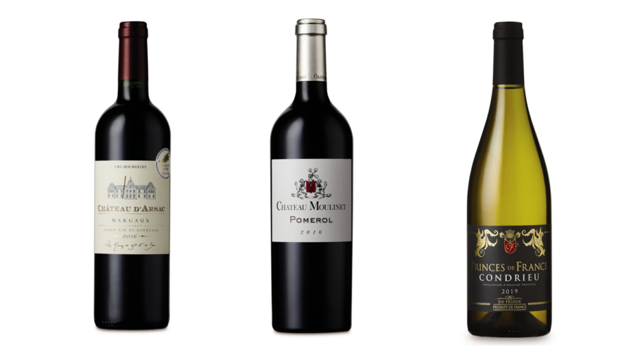 Three bottles of Aldi's premium wines, from left to right: Margaux, Pomerol and Condrieu