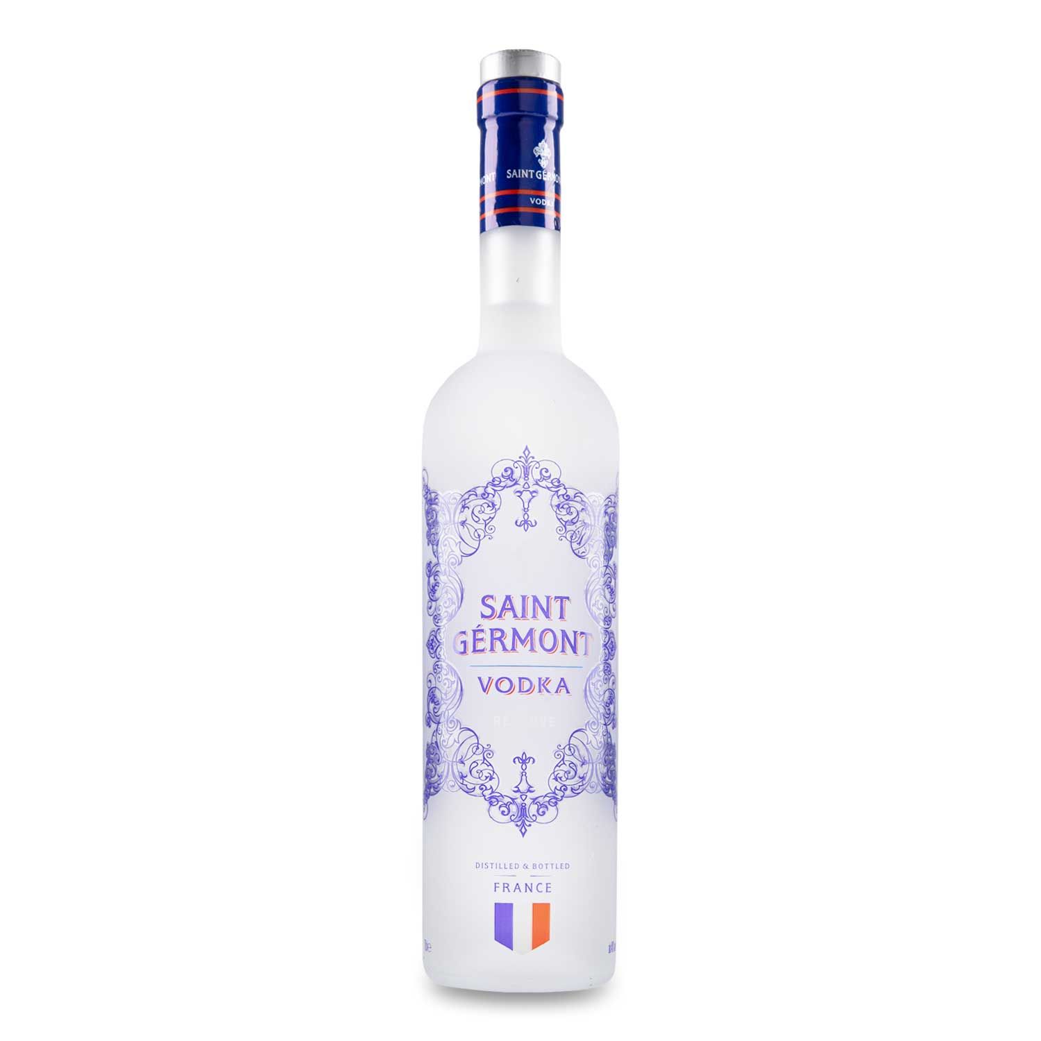 a tall white bottle with a blue pattern and french flag