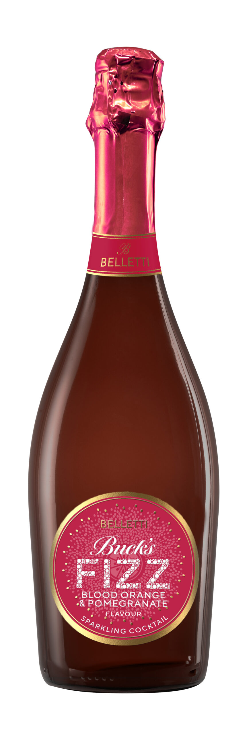 A red wine bottle with a pink and gold circular label.