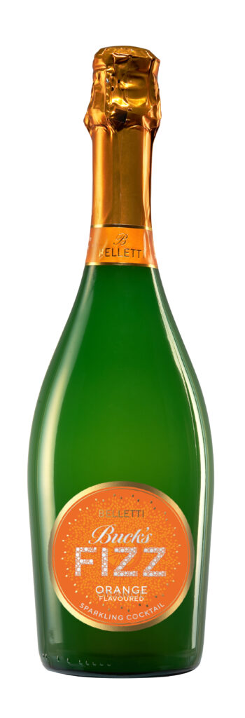 a green wine bottle with an orange and gold circular label
