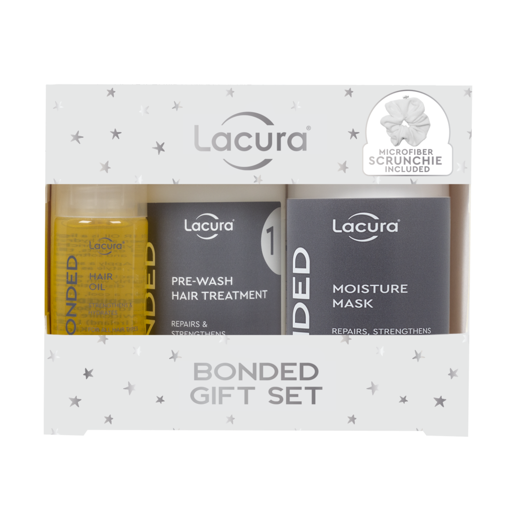 Aldi's Lacura Bonded Gift Set including Hair Oil, Pre-Wash Hair Treatment, Moisture Mask and Microfibre Scrunchie