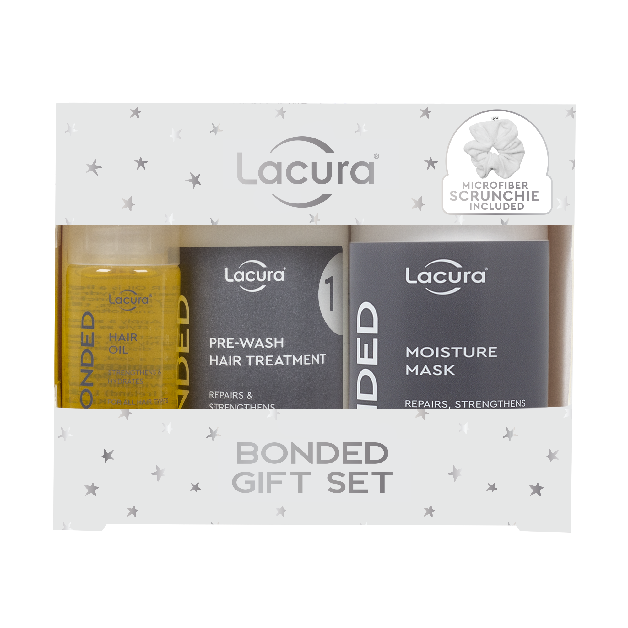 Aldi's Lacura Bonded Gift Set including Hair Oil, Pre-Wash Hair Treatment, Moisture Mask and Microfibre Scrunchie
