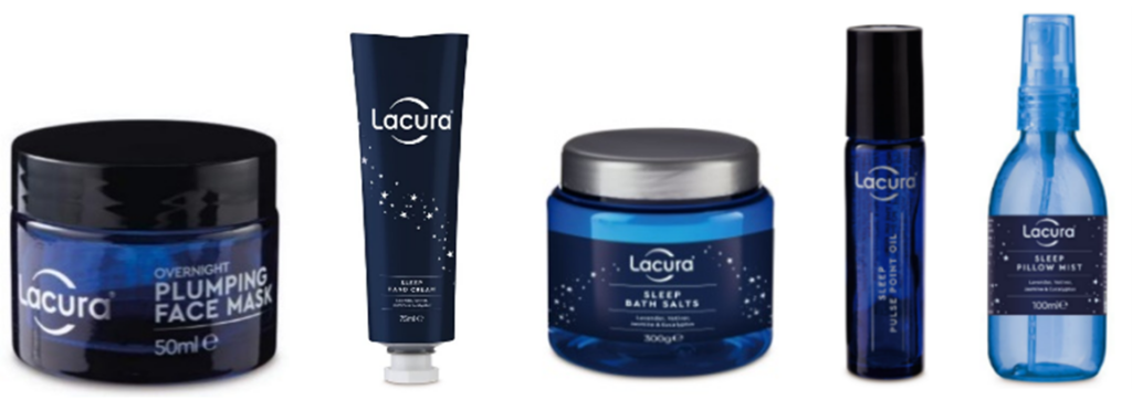 Aldi's Lacura Sleep Range including Plumping Face Mask, Hand Lotion, Pulse Point Oil, Bath Salts, and Pillow Mist