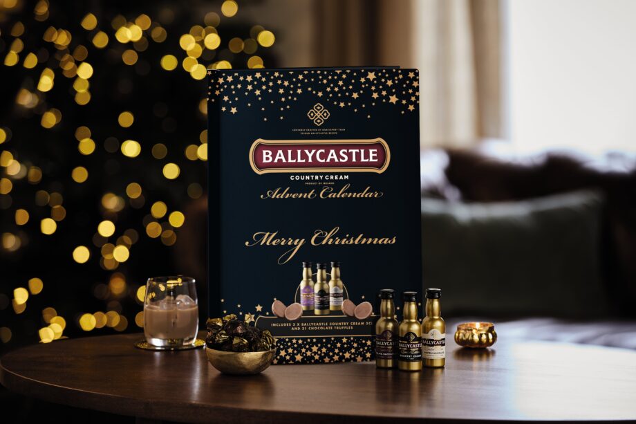 Black Ballycastle advent calendar. Mini Ballycastle gold bottles stood in front of the advent calendar.