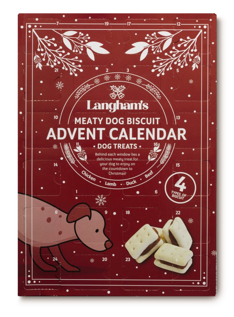 Red Langham's Dog Meat advent calendar. Has image of cartoon dog on the front and example of biscuit treats enclosed.