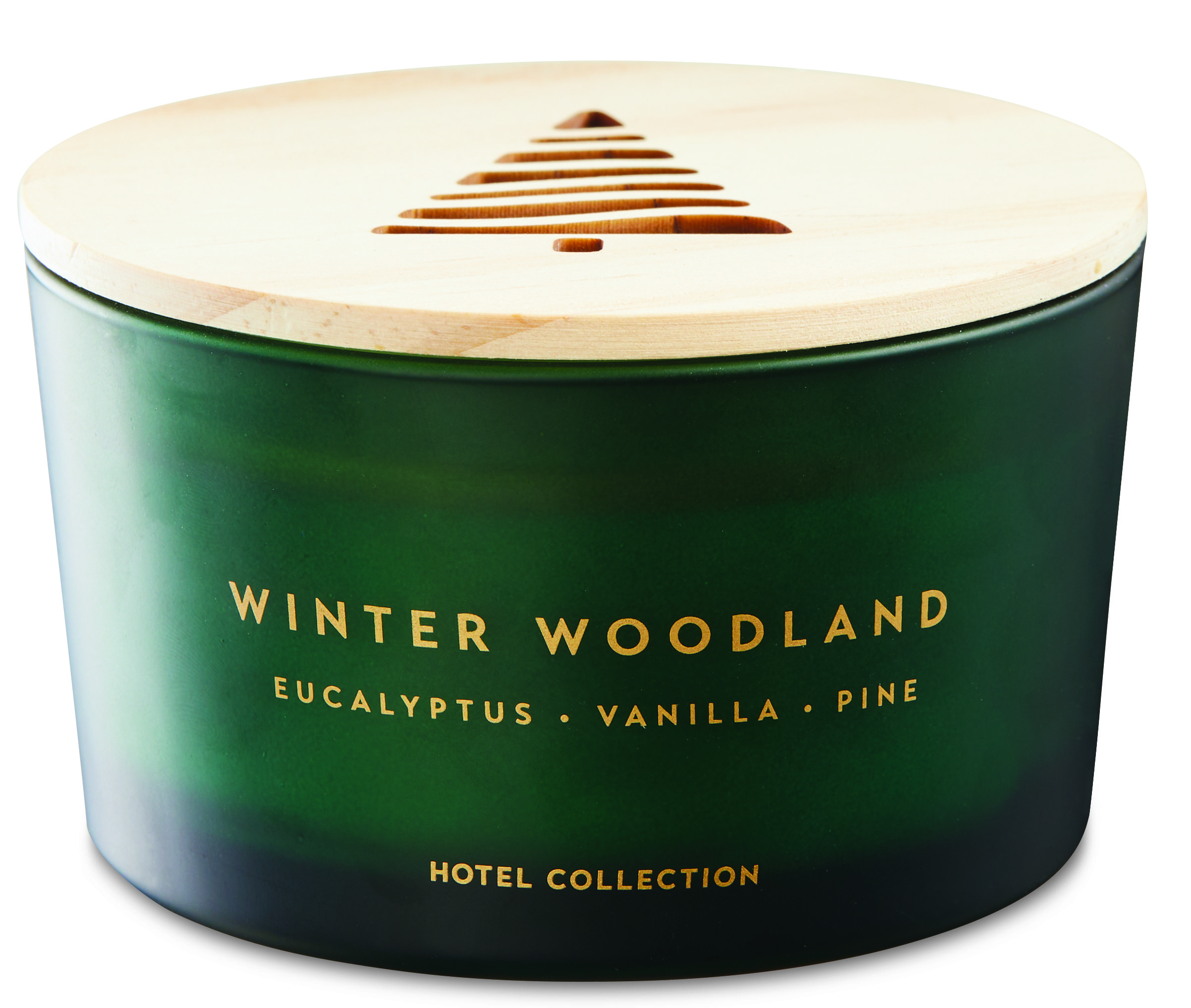 A dark green glass candle with a wooden lid with a tree shape cut out.