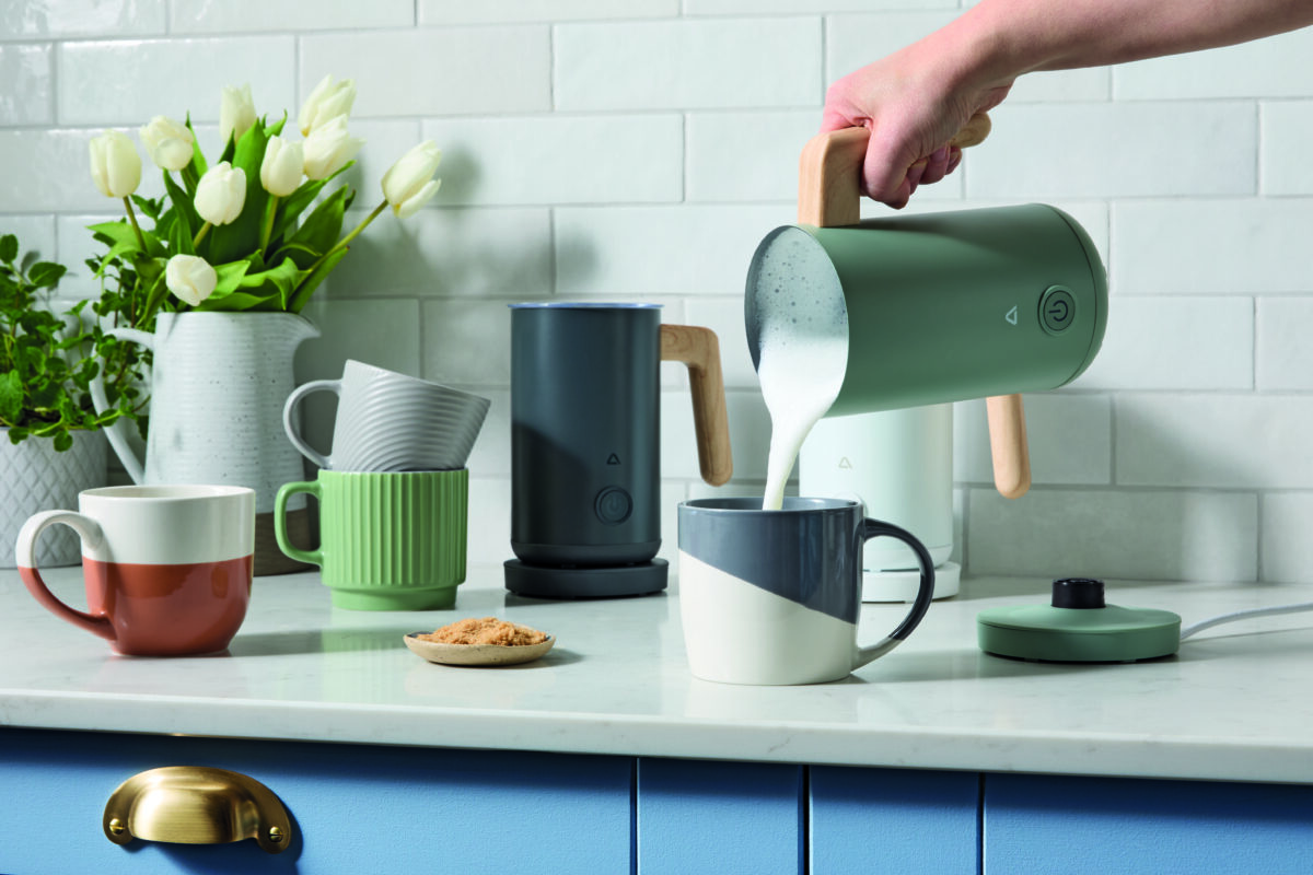 Aldi Scandi Milk Frother Sage Green and mug