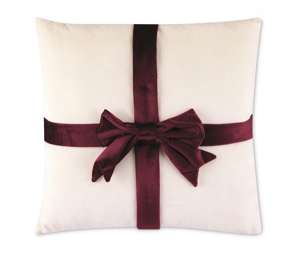 White Teddy Cushion with Red Bow